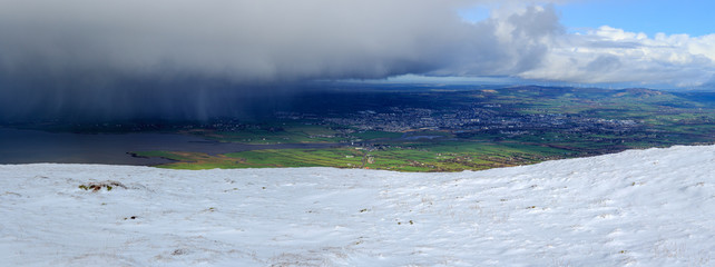 Dark Rain Clouds approach Tralee Town on the Wild Atlantic Way in County Kerry, Ireland