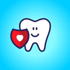 Protected tooth, healthy, white, happy tooth, dentistry, oral hygiene. Shield with a love symbol, heart. vector illustration