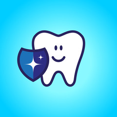 Protected tooth, healthy, white, happy tooth, dentistry, oral hygiene. Shield with a shiny symbol. vector illustration