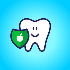 Protected tooth, healthy, white, happy tooth, dentistry, oral hygiene. Shield with an apple symbol. vector illustration