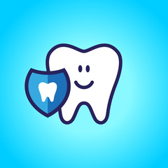 Protected tooth, healthy, white, happy tooth, dentistry, oral hygiene. Shield with a tooth symbol. vector illustration