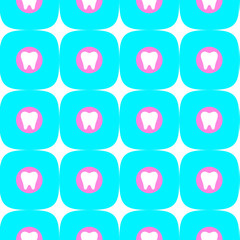Seamless pattern with a white tooth in a pink circle on a blue background and with white stars. Dentistry concept. vector illustration
