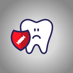 sad tooth, dentistry, oral hygiene. red shield with a candy cane symbol. The concept of harm sweet. vector illustration