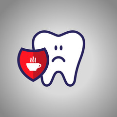 sad tooth, dentistry, oral hygiene. Red shield with the symbol of a bowl of tea or coffee. The concept of harm. vector illustration