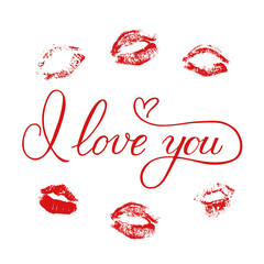 I love you calligraphy hand lettering with lipstick kiss. Imprints of red lips. Valentine’s day postcard. Romantic typography poster. Easy to edit vector template for t-shots, mugs, banners, etc.
