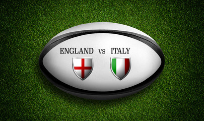 Rugby Match schedule, England vs Italy, flags of countries and rugby ball - 3D rendering