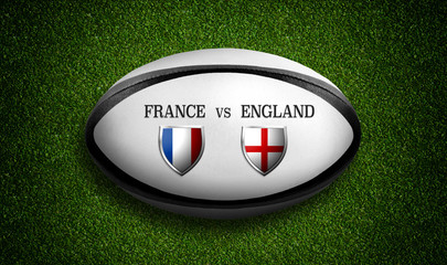 Rugby Match schedule, France vs England, flags of countries and rugby ball - 3D rendering
