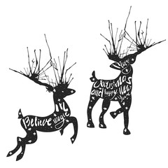 Silhouette of deers with great horns and inspirational greeting phrases inside of them. Vector deers.