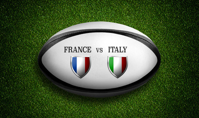 Rugby Match schedule, France vs Italy, flags of countries and rugby ball - 3D rendering