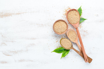 White quinoa On a white wooden background. Top view. Free copy space.