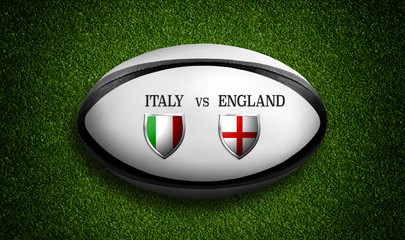 Rugby Match schedule, Italy vs England, flags of countries and rugby ball - 3D rendering