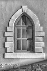Neo-Gothic window in Victoria West. Monochrome