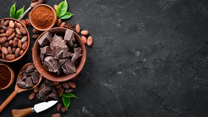 Fototapeten Kakaobohnen, Schokolade, Kakaobutter und Kakaopulver auf schwarzem Hintergrund. Ansicht von oben. Freier Kopienraum. © Yaruniv-Studio