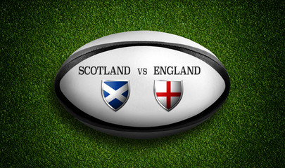 Rugby Match schedule, Scotland vs England, flags of countries and rugby ball - 3D rendering