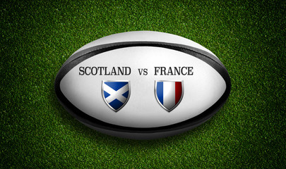 Rugby Match schedule, Scotland vs France, flags of countries and rugby ball - 3D rendering