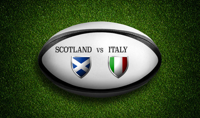 Rugby Match schedule, Scotland vs Italy, flags of countries and rugby ball - 3D rendering