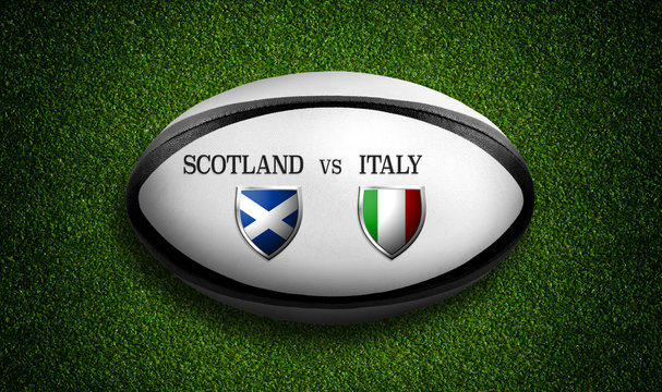Rugby Match schedule, Scotland vs Italy, flags of countries and rugby ball - 3D rendering - Powered by Adobe