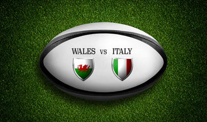 Rugby Match schedule, Wales vs Italy, flags of countries and rugby ball - 3D rendering