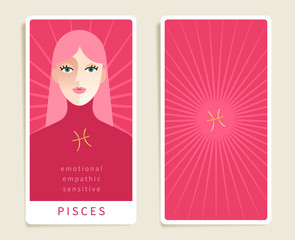 Pisces : Beautiful woman with horoscope sign : Template for tarot cards :Vector Illustration