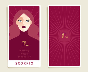 Scorpio : Beautiful woman with horoscope sign : Template for tarot cards :Vector Illustration