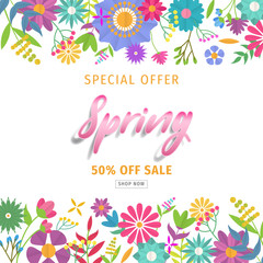 Spring sale background with beautiful colorful flower. Vector illustration. Wallpaper. flyers, posters, brochure, voucher discount. Spring sale banner with paper flowers for online shopping.