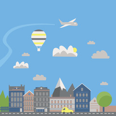 Modern vector illustration of urban landscape. Flat city. Set of buildings. Creative background. Panorama