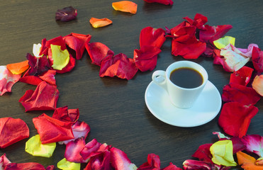 morning, cup of espresso, for a loved one, Valentine's Day, inside the heart of rose petals