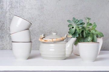 tea pot and cups with a succulent plant
