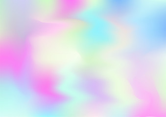 Obraz premium Hologram Magic Dreamy Vector Background. Rainbow Girlie Iridescent Gradient, Holographic Fluid Poster Wallpaper. Bright Pearlescent Hologram Fairy Cool Web Banner. Modern Tech Music Sound.