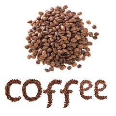 close up bunch of brown Coffee beans with an inscription COFFEE grains, isolated on white