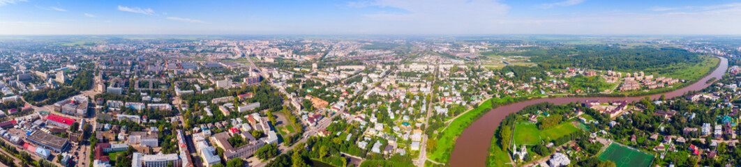 panorama of the city from a height. Saint Sophia orthodox cathedral and church of Resurrection of Jesus, The Kremlin Square of the Old City in a sunny summer day in Vologda Kremlin.