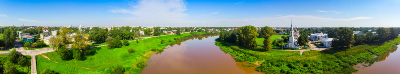 panorama of River Vologda and church of the Presentation of the Lord was built in 1731-1735 years in Vologda, Russia.