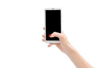 Woman's hand holding white smartphone with blank screen. Isolated on white.