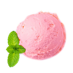 Creamy strawberry ice cream ball with fresh mint leaf isolated on white background, top view
