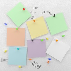 Colored stickers or sheets of paper with colored pins on a light background. 3D render
