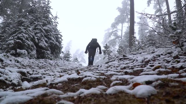 camper hiking in snowy and muddy forest with backpack