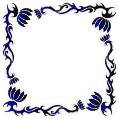 Tribal flower tattoo pattern frame on white background. Black and blue colored vector illustration