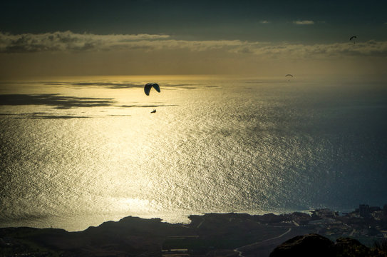 A silhouette of paraglider over an evening sea