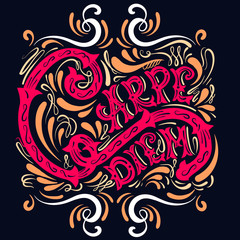 Carpe diem. Vector typographical background with unique lettering made in hand drawn style. Template for poster,prints, card and banner. Cartoon illustration.