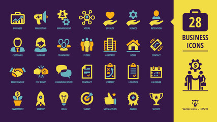 Business isolated yellow glyph icon set on a dark violet background with marketing, customer, relationship, fist bump, communication, contract, strategy, logistics, calendar and more sign.