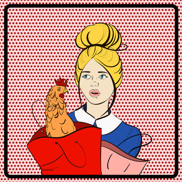 Vector illustration of young pretty woman with packets and chicken. Template for business card and banner,colorful vintage poster in cartoon style.