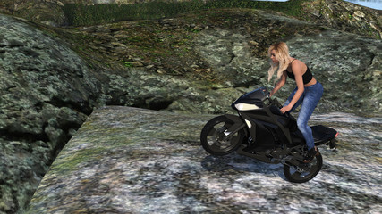 Illustration of a woman outdoors doing a wheelie on a motorcycle atop a large boulder. - obrazy, fototapety, plakaty