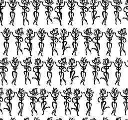 Hand drawn samba dancers monochrome seamless pattern. Dancers silhouettes Art illustration original graphic pattern imitation of brush and paint. 