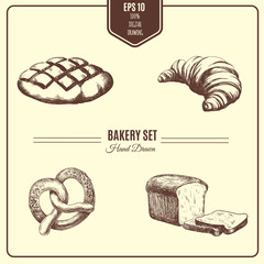 Vector hand drawn collection of Bakery products. Template for poster business card banner label and icon for bakery shop and menu. Bakery hand sketched set.