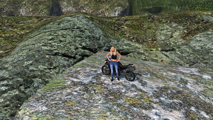 Naklejka na ściany i meble Illustration of a woman outdoors standing next to a motorcycle atop a large boulder.