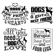 Collection of  trendy quote typographical background about dog with hand drawn elements. Template  for business card poster label and banner. Illustration of silhouette of dog's profile.