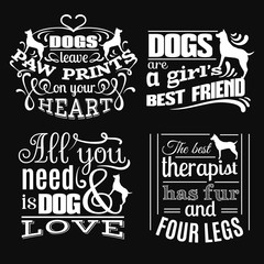 Collection of  trendy quote typographical background about dog with hand drawn elements. Template  for business card poster label and banner. Illustration of silhouette of dog's profile.