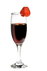 A glass of red wine with strawberries on a white background