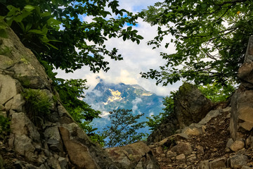 View from the trail to the top of the mountain in the Caucasus