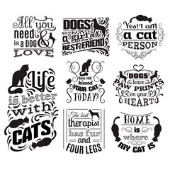 Collection of quote typographical background about cats and dogs with hand drawn waves and scrolls.Vector silhouette of cat. Template for business card poster and banner. Print for clothes.